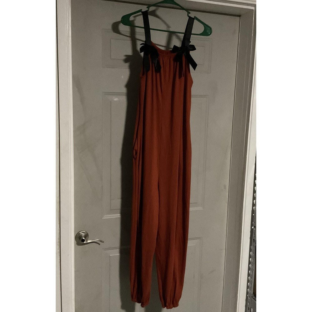 Jumpsuit Womens Large Orange Sleeveless Bow Strap Jersey Stretch Casual Relaxed